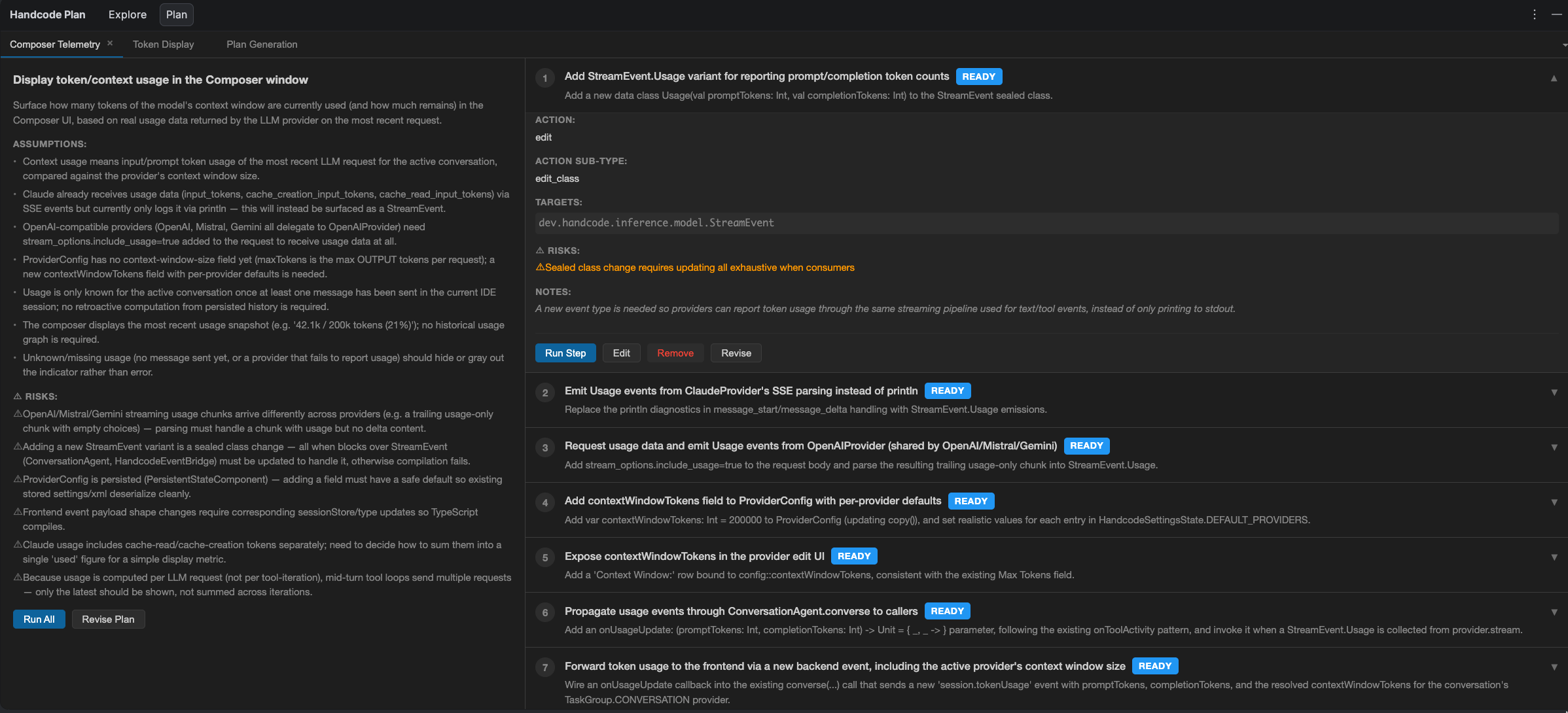 Planning Screen - A seven-step plan with eight risks, for a token-usage display.